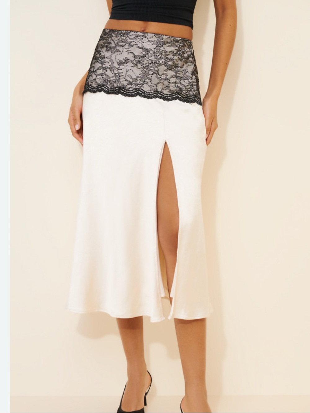 Anthropologie White Midi Skirt with Black Lace Waist Detail